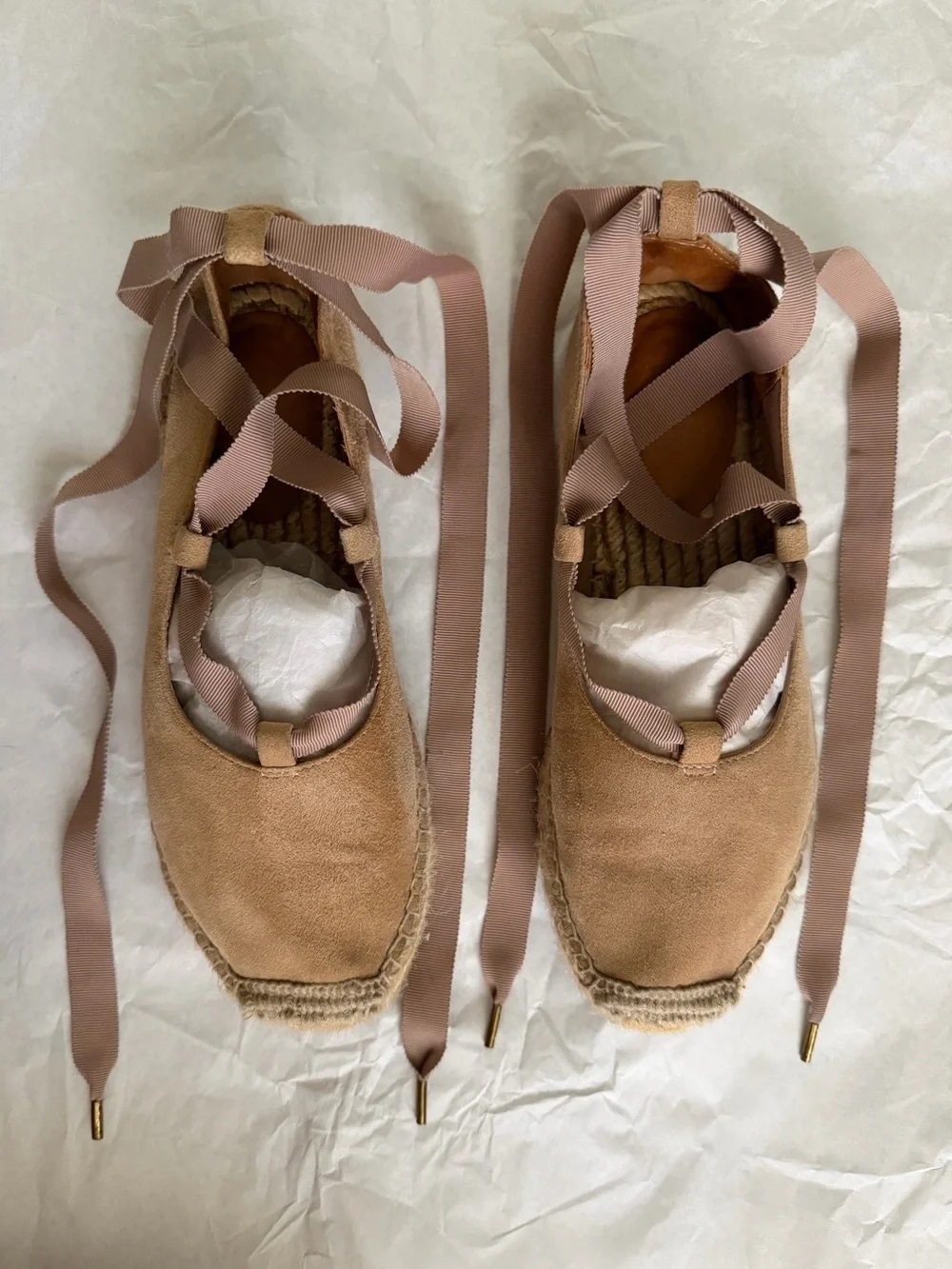 Women's Blush Neutral Suede Espadrille Lace-Up Flats